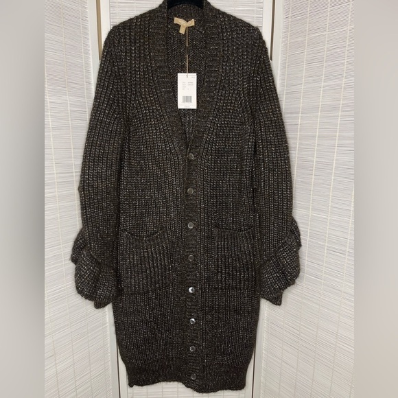 Michael Kors Collection Sweaters - Michael Kors Collection Metallic Ruffle Cardigan Chocolate Brown Size S NWT